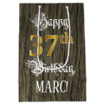 [ Thumbnail: 37th Birthday: Faux Gold Look & Faux Wood Pattern Gift Bag ]