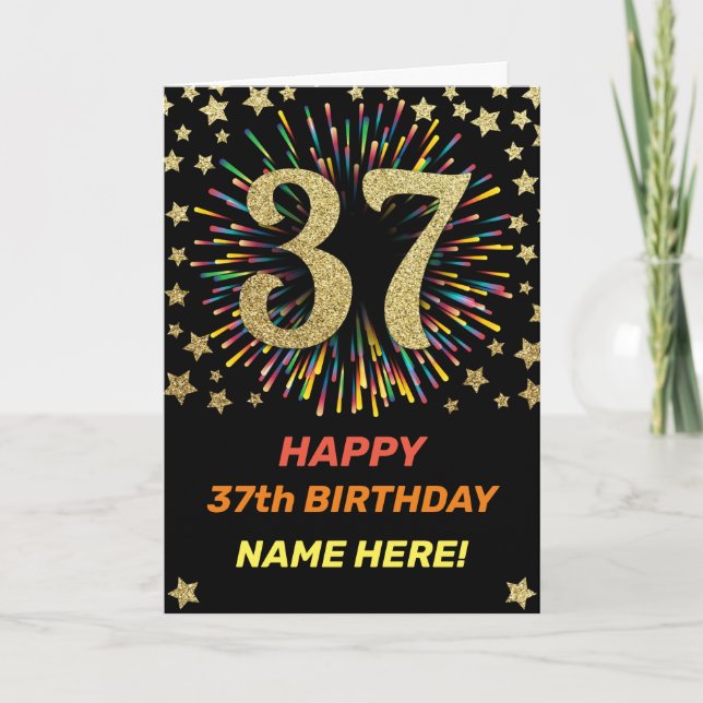 37th Birthday Fireworks Rainbow Gold Fun Card (Front)