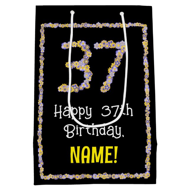 37th Birthday: Floral Flowers Number, Custom Name Medium Gift Bag (Back)