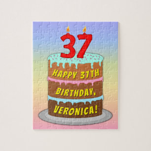 37th Birthday: Fun Cake and Candles + Custom Name Jigsaw Puzzle