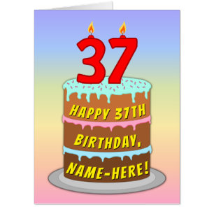 37th Birthday: Fun Cake & Candles, w/ Custom Name Card