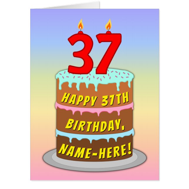 37th Birthday: Fun Cake & Candles, w/ Custom Name Card (Front)