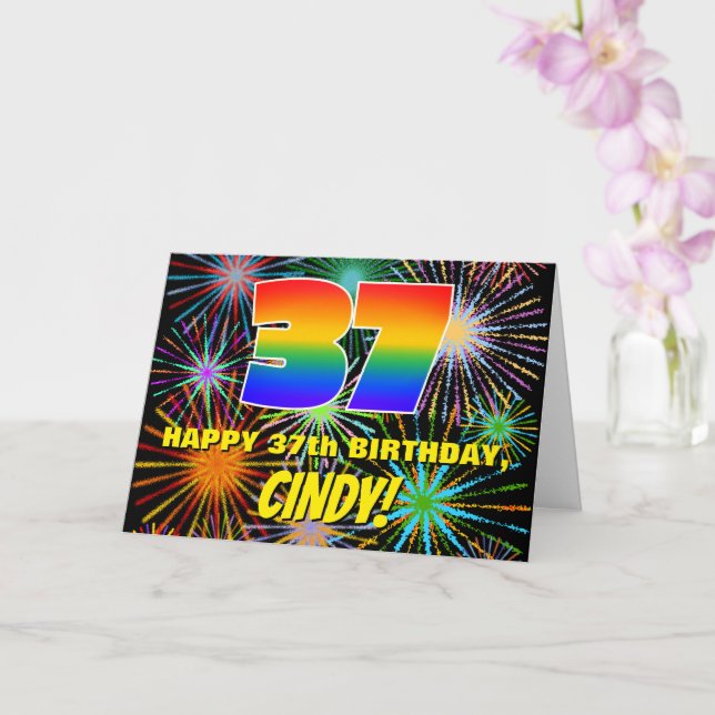 37th Birthday: Fun, Colorful Celebratory Fireworks Card (Orchid)