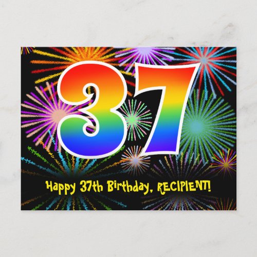 37th Birthday  Fun Fireworks Pattern  Rainbow 37 Postcard