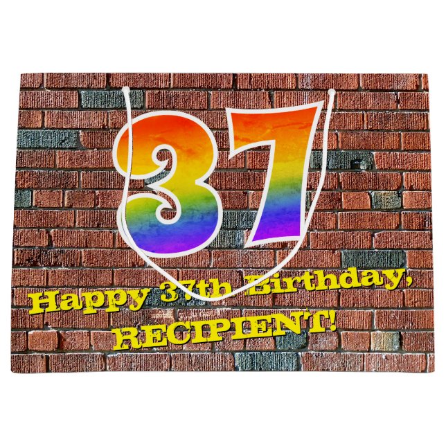 37th Birthday: Fun, Graffiti-Inspired Rainbow # 37 Large Gift Bag (Front)