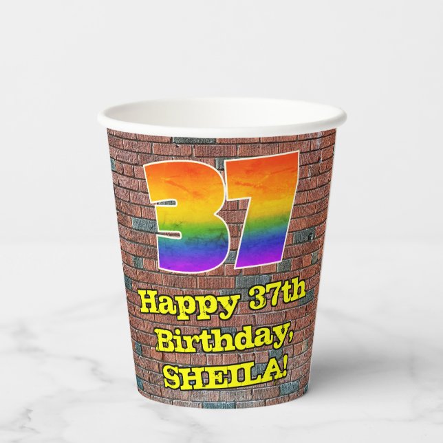 37th Birthday: Fun Graffiti-Inspired Rainbow 37 Paper Cups (Back)