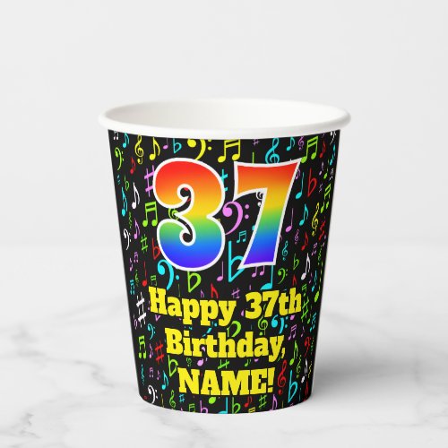 37th Birthday Fun Music Notes Pattern Rainbow 37 Paper Cups