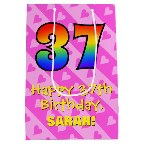 37th Birthday Fun Pink Hearts Stripes Rainbow 37 Medium Gift Bag