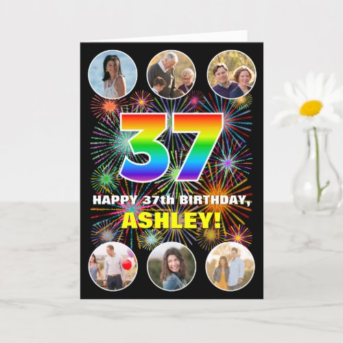 37th Birthday Fun Rainbow  Custom Name  Photos Card
