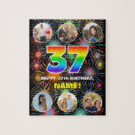 [ Thumbnail: 37th Birthday: Fun Rainbow #, Custom Name + Photos Jigsaw Puzzle ]