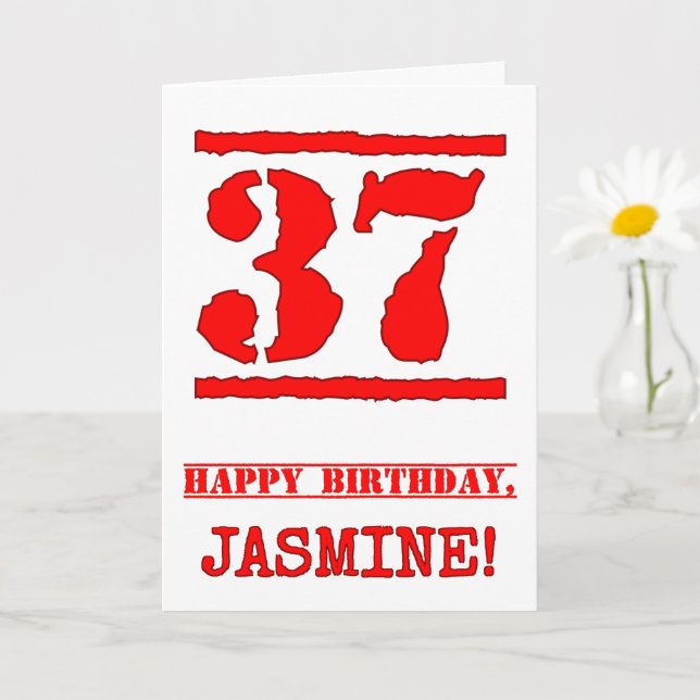 37th Birthday: Fun, Red Rubber Stamp Inspired Look Card (Small Plant)