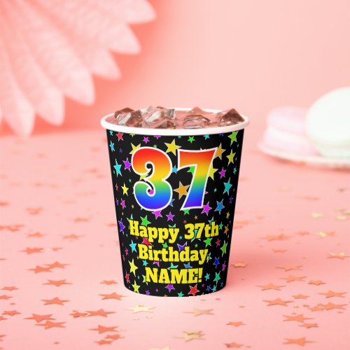 37th Birthday Fun Stars Pattern and Rainbow 37 Paper Cups