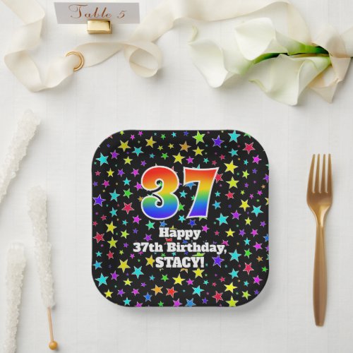 37th Birthday Fun Stars Pattern and Rainbow 37 Paper Plates