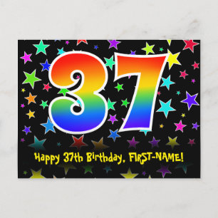 37th Birthday: Fun Stars Pattern, Rainbow 37, Name Postcard