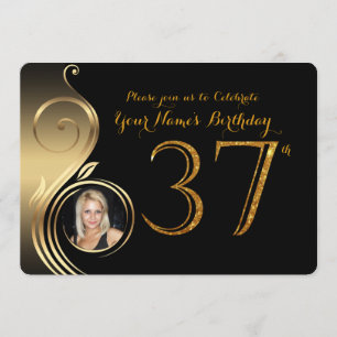 37th,Birthday Invitation,Number Glitter Gold,Photo Invitation