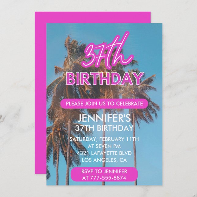 37th birthday invitation Summer Pink Palm tree (Front/Back)