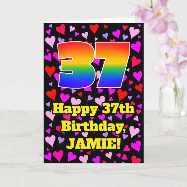 37th Birthday: Loving Hearts Pattern, Rainbow # 37 Card (Orchid)