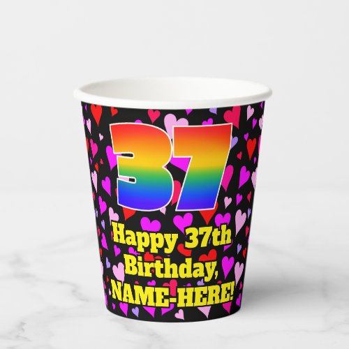 37th Birthday Loving Hearts Pattern Rainbow 37 Paper Cups
