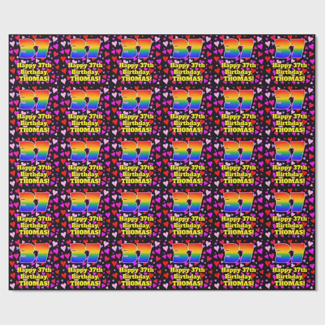 37th Birthday: Loving Hearts Pattern, Rainbow # 37 Wrapping Paper (Flat)