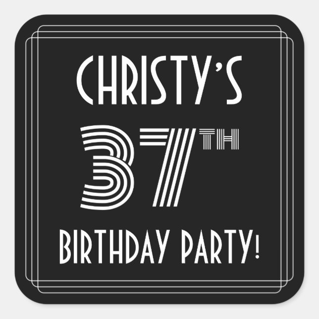 37th Birthday Party: Art Deco Style & Custom Name Square Sticker (Front)