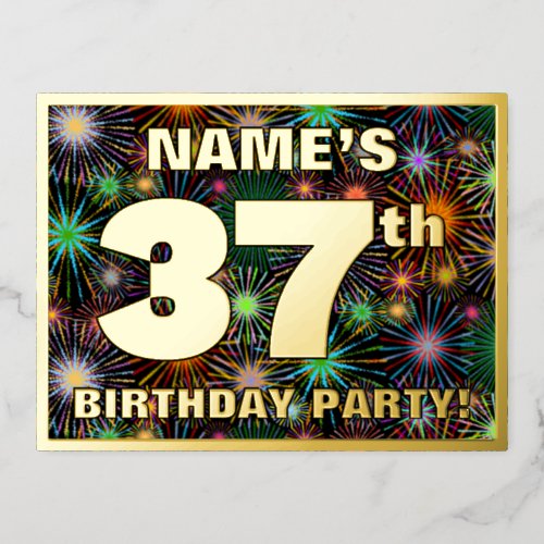 37th Birthday Party Bold Colorful Fireworks Look Foil Invitation Postcard