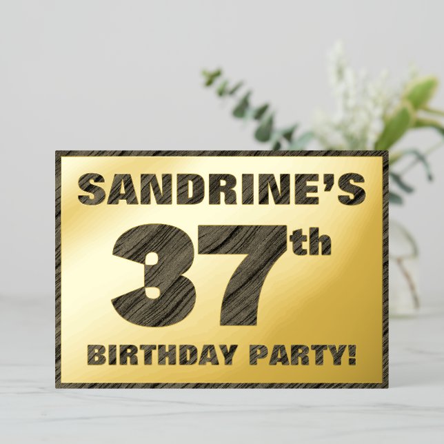 37th Birthday Party — Bold, Faux Wood Grain Text Foil Invitation (Standing Front)