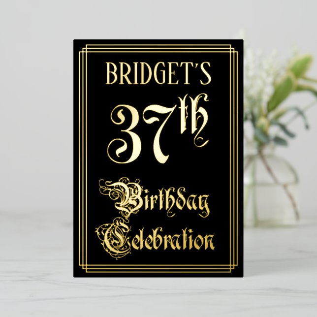 37th Birthday Party — Fancy Script & Custom Name Foil Invitation (Standing Front)