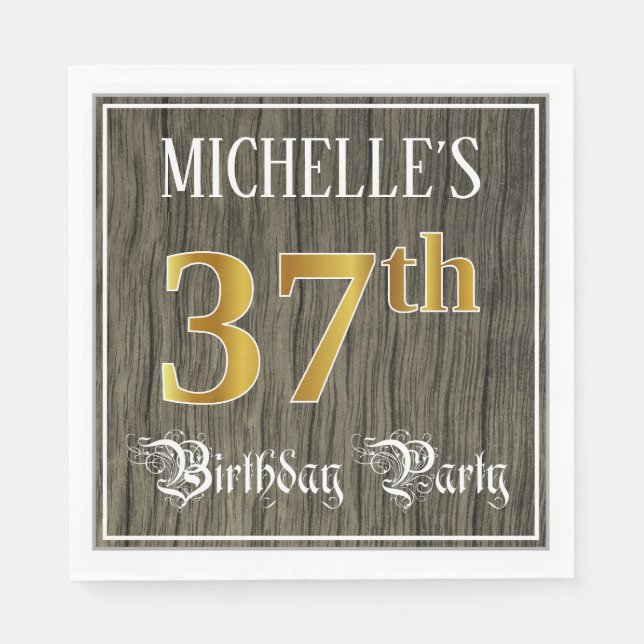 37th Birthday Party — Faux Gold & Faux Wood Looks Napkins (Front)
