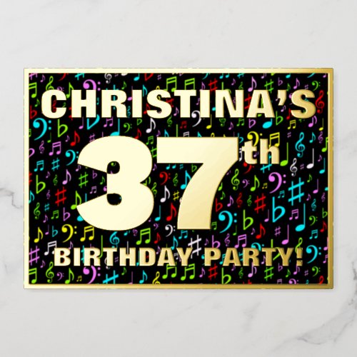 37th Birthday Party â Fun Colorful Music Symbols Foil Invitation