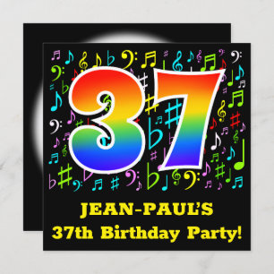 37th Birthday Party: Fun Music Symbols, Rainbow 37 Invitation