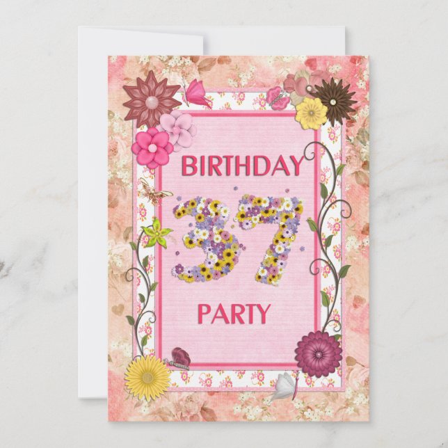 37th birthday party invitation with floral frame (Front)