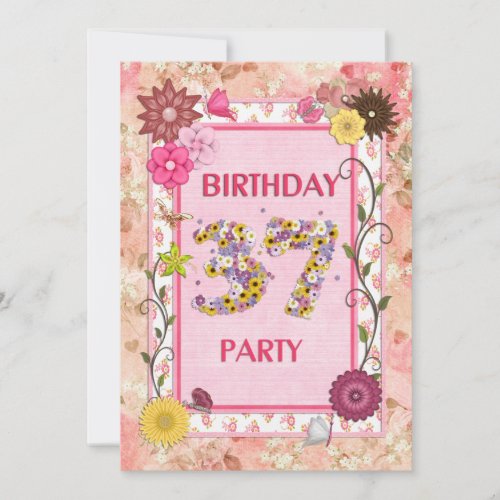 37th birthday party invitation with floral frame