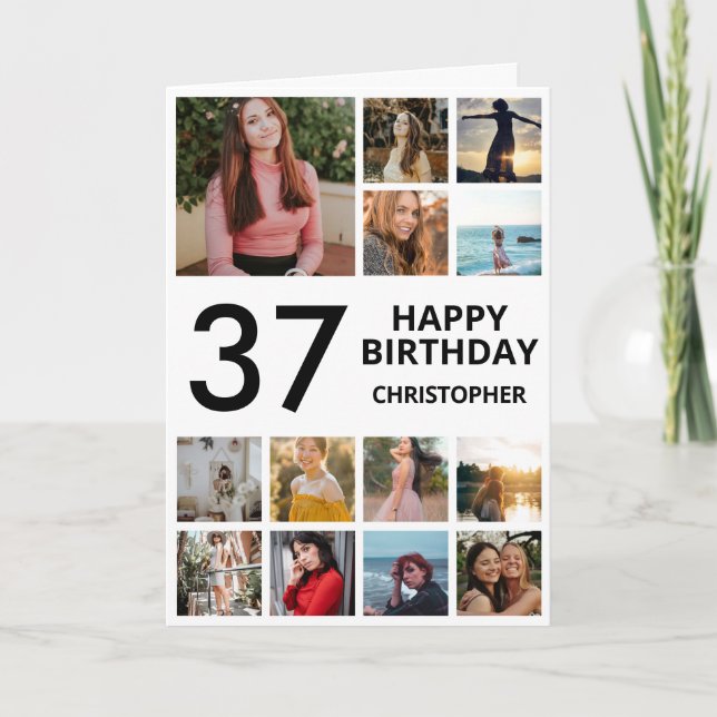 37th Birthday Photo Collage 13 Photos Black White Card (Front)