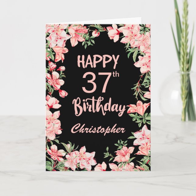 37th Birthday Pink Peach Watercolor Floral Black Card (Front)
