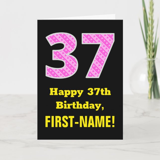 37th Birthday: Pink Stripes and Hearts "37" + Name Card (Front)