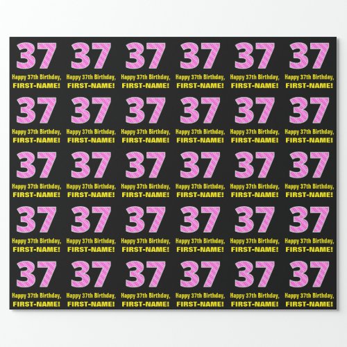 37th Birthday Pink Stripes and Hearts 37  Name Wrapping Paper