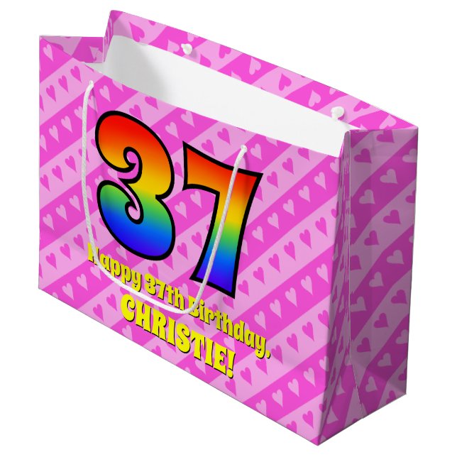 37th Birthday: Pink Stripes & Hearts, Rainbow # 37 Large Gift Bag (Front Angled)