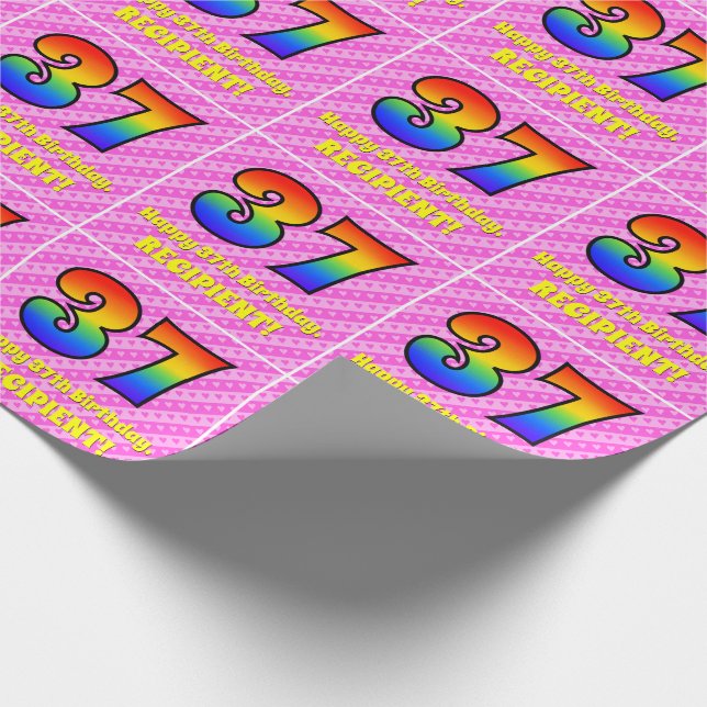37th Birthday: Pink Stripes & Hearts, Rainbow # 37 Wrapping Paper (Corner)