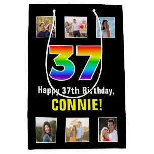 37th Birthday: Rainbow “37“, Custom Photos & Name Medium Gift Bag