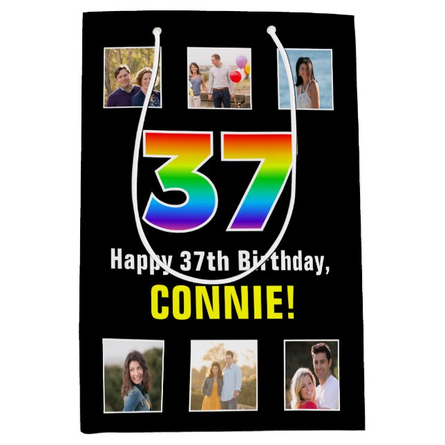 37th Birthday: Rainbow “37“, Custom Photos & Name Medium Gift Bag (Front)
