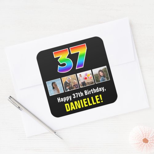 37th Birthday Rainbow 37 Custom Photos  Name Square Sticker