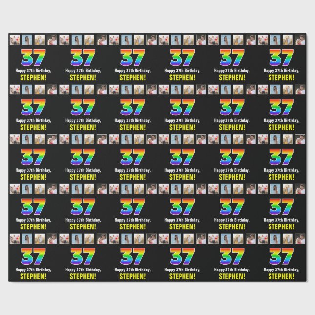 37th Birthday: Rainbow “37“; Custom Photos & Name Wrapping Paper (Seam)