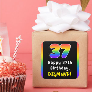 37th Birthday: Rainbow Spectrum # 37, Custom Name Square Sticker