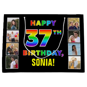 37th Birthday: Rainbow Text, Custom Photos & Name Large Gift Bag