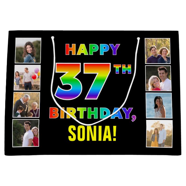 37th Birthday: Rainbow Text, Custom Photos & Name Large Gift Bag (Front)