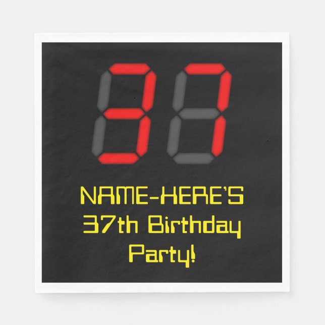 37th Birthday: Red Digital Clock Style "37" + Name Napkins (Front)