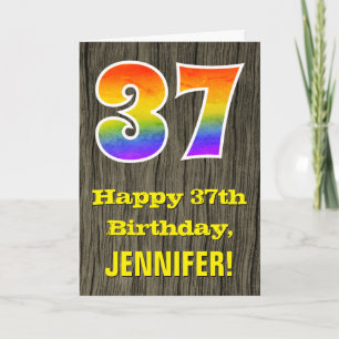 37th Birthday: Rustic Faux Wood Look, Rainbow "37" Card