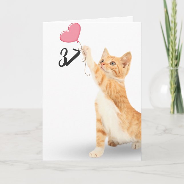 37th birthday tabby cat with heart balloon card (Front)