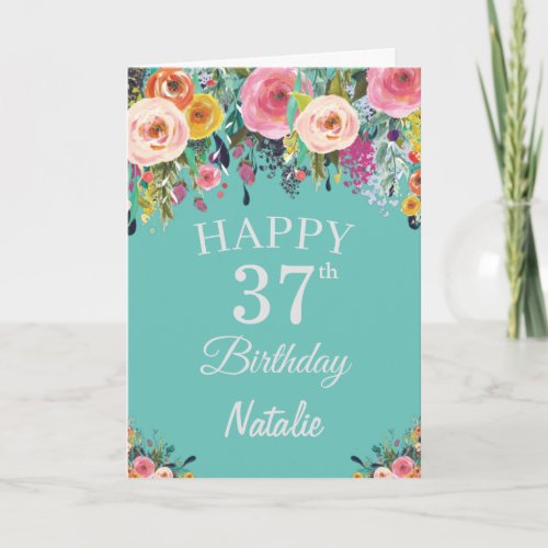 37th Birthday Watercolor Floral Flowers Teal Card