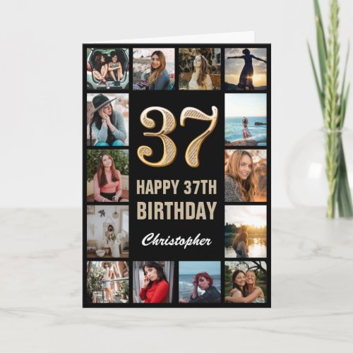 37th Happy Birthday Black and Gold Photo Collage Card